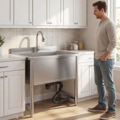 Stainless Steel Commercial Restaurant Sink, Freestanding Large Commercial Sink with Pull-out Faucet for Kitchen Dishwashing, Thawing, Pet Cleaning, Laundry Room, 35 Gallon, 23.6"D x 33.5"W x 36.8"H