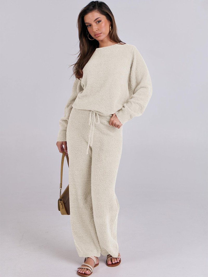 ANRABESS Women's Fuzzy Fleece Pajama Sets 2 Piece Outfits Long Sleeve Top Wide Leg Pants Lounge Matching Set 2025 Fall Winter
