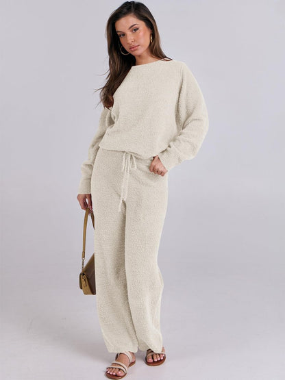ANRABESS Women's 2 Piece Pajama Sets Long Sleeve Top Wide Leg Pants Fuzzy Fleece Lounge Matching Set 2025 Fall Winter Outfits Beige Medium
