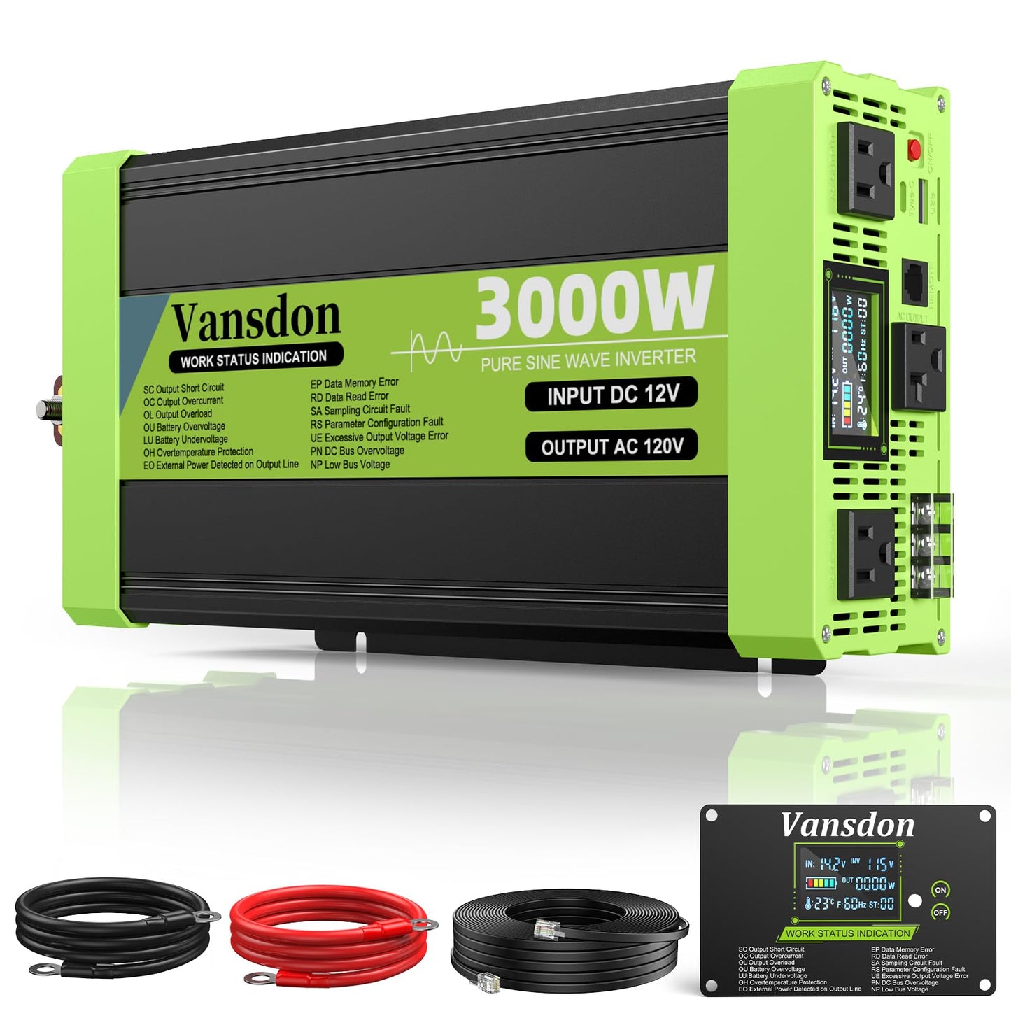 Vansdon 3000W Pure Sine Wave Inverter 12V DC to 120V AC Power Inverters for RV,Truck, Solar, Home, Off-Grid, Car with LCD Display, 3 AC Outlet, 30W USB-C, 5V 2.1A USB,Remote Control, Surge 6000W