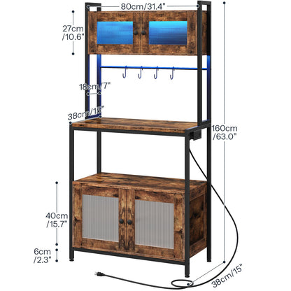 HOOBRO Bakers Rack with Storage Cabinet, 5-Tier Coffee Bar with Power Outlet and LED Lights, Industrial Microwave Oven Stand with Shelves, Kitchen Storage Shelf, Rustic Brown and Black BF13UDHB01
