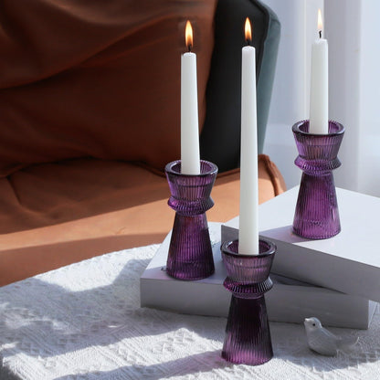 VOHO Purple Ribbed Taper Candle Holders Set of 3, Minimalist Style Glass Candle Holder for Candlesticks and Tealight Candles, Classy Candlestick Holders for Easter Halloween Wedding Decor