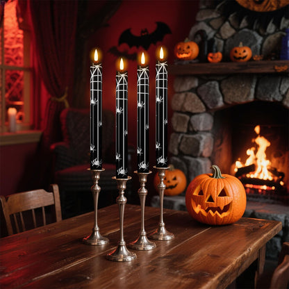 Eldnacele Halloween Flameless Flickering Taper Candles with Remote and Timer, Battery Operated Spider Web Decal Real Wax Black LED Window Candles Set of 4 Table Centerpiece Horror Halloween Decor