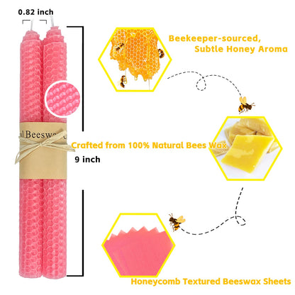 Lacaser Natural Beeswax Taper Candles Bulk Set,9" Long Candlesticks, Dripless & Unscented, 4 Hour Burn Time, Light Pink, 12 Pack