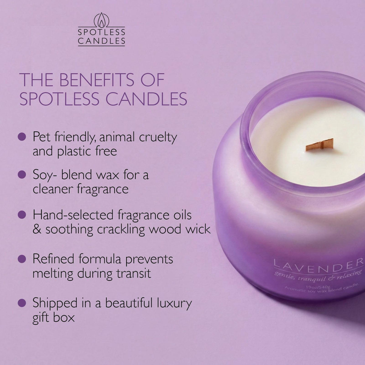 Lavender Candle 19oz Volcano Jar with Wooden Wick Upto 75 Hours Burn Time in a Large 4" x 5" Solid Purple Glass Jar in a Luxury Gold Foil Gift Box