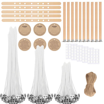 Candle Wick Making Kit, 90 Cotton & 10 Wood Wicks, 4 6 8 Inch Pre-Waxed Cotton Wicks with Wick Holders, Metal Tabs, Stickers, Labels, Twine for Soy, Beeswax, Jar, Pillar Candle Making