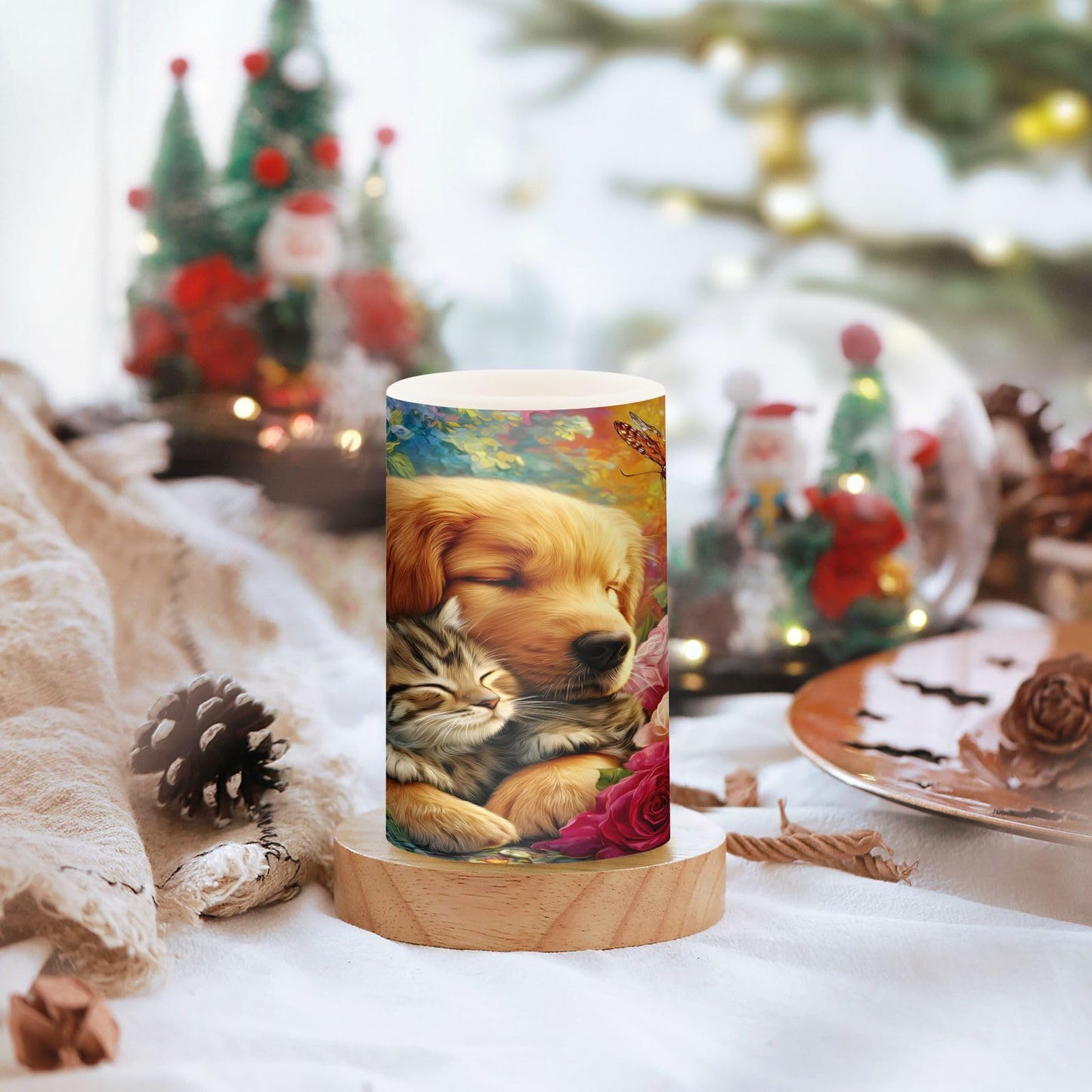 ALAZA Sleepy Dog Cat Roses Flickering Flameless Candles Battery Operated with Remote Timer,Tea Light Candles LED Pillar Votive Candles Set of 2 for Outdoor Indoor Decorations