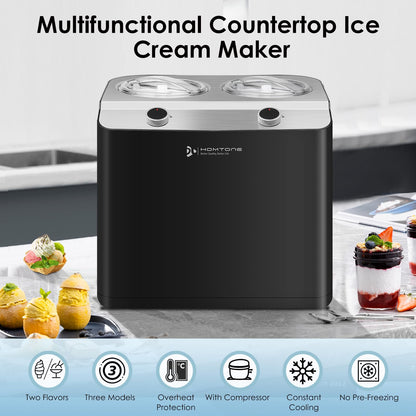 Homtone 2 Flavor Ice Cream Maker,Automatic Compressor Ice Cream Maker Machine with 2 Bowls,2.6QT (2 x 1.3qt) Largest Capacity & Fastest Freezing Ice Cream Machine, 3 Modes, Keep Cool Function