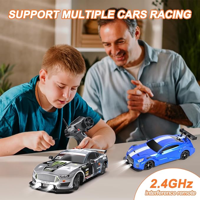 Dollox Remote Control Car 1/16 Scale RC Drift Car 2.4GHz 4WD High Speed 18+KM/H Vehicle with LED Lights and Spray Extra Drifting Tires Racing Vehicle Toys Birthday Gifts for Adults Boys 2 Batteries
