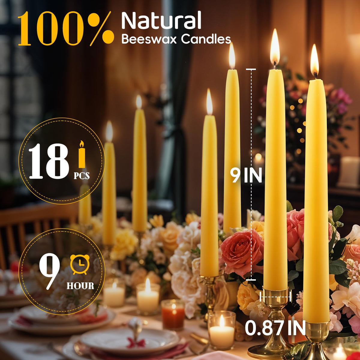 18PCS Beeswax Taper Candles,9" Handmade Natural Candles Sticks,10 Hours Long Lasting Burning,Nontoxic,Dripless and Smokeless Bees Wax Candles for Home