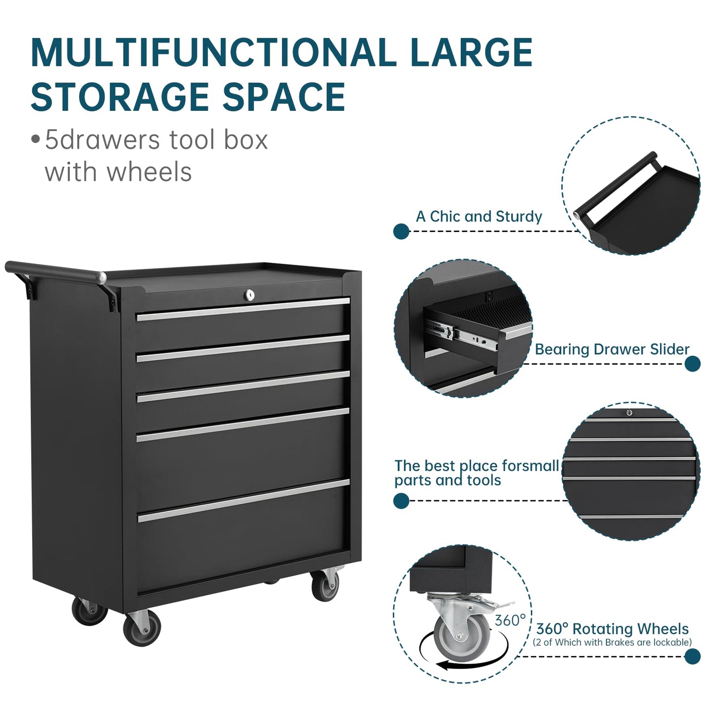 GarveeLife 5-Drawer Tool Box 24" Garage Tool Box with Key Lock and Removable Drawer Liners, Wheeled Design, Suitable for Garages, Warehouses, Workshops, and Repair Shops - Black