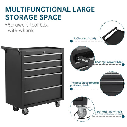GarveeLife 5-Drawer Tool Box 24" Garage Tool Box with Key Lock and Removable Drawer Liners, Wheeled Design, Suitable for Garages, Warehouses, Workshops, and Repair Shops - Black