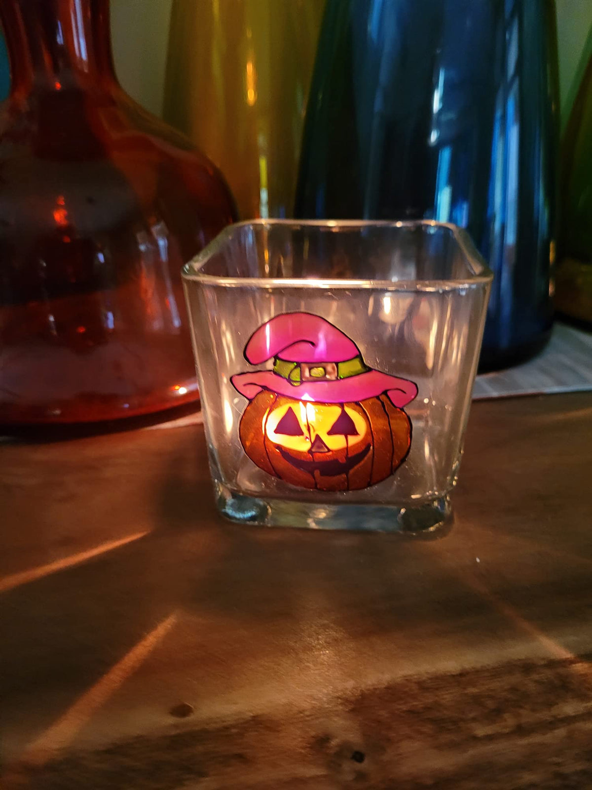 Orange Halloween Pumpkin Hand Painted Stained Glass Square Jack O Lantern Candle Holder