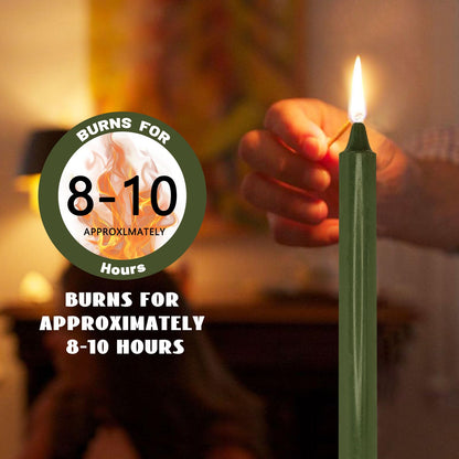 NJAO HOO Olive Green Taper Candle 10 Inch Christmas Candlesticks Unscented Dripless Handmade Candles for Home Decor Dinner New Year Party, 4 Pack