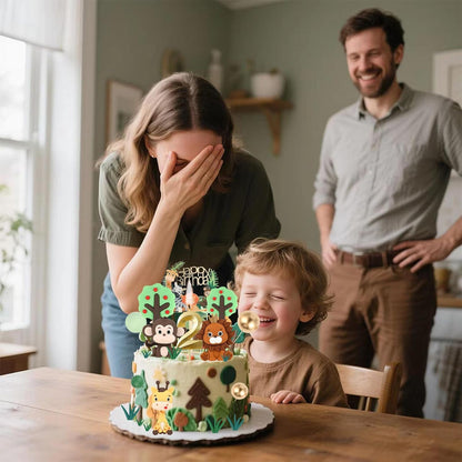 2st Birthday Safari Cake Toppers Set - 3D Lion, Monkey, Giraffe with Number 2 Candle, 8 Grass, Trees & Balls - 21PCS Jungle Animal Cake Decorations Kit for Boys Girls 2 Year Old Party (2st)