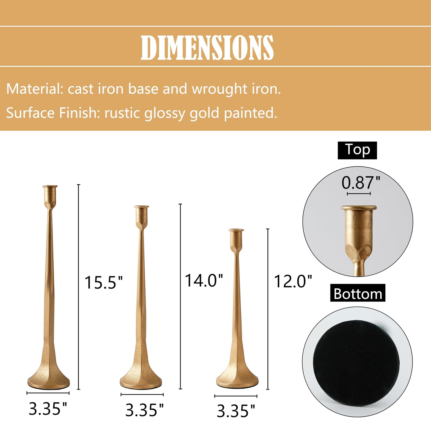 Denique Iron Taper Candle Holder Set of 3, Gold Candlestick Holders Decorative Candle Stand, Tapered Candle Holders Tall Set for Wedding, Dining Table, Home Decoration (Gold)