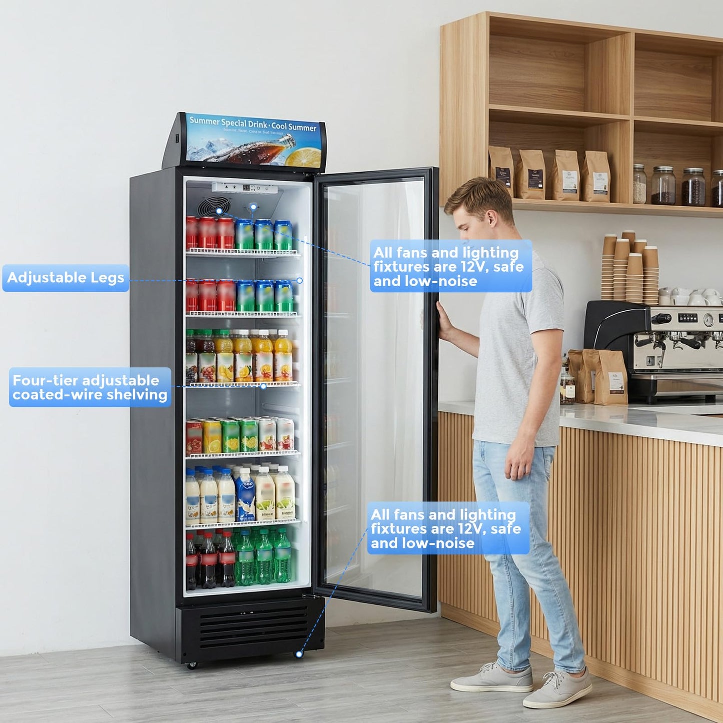 Electactic 9 Cu.Ft Commercial Refrigerators, Display Refrigerator with Double-Tempered Glass Door, Commercial Display Fridge with 4 Adjustable Shelves & LED Light, for Shops, Restaurants, Bars
