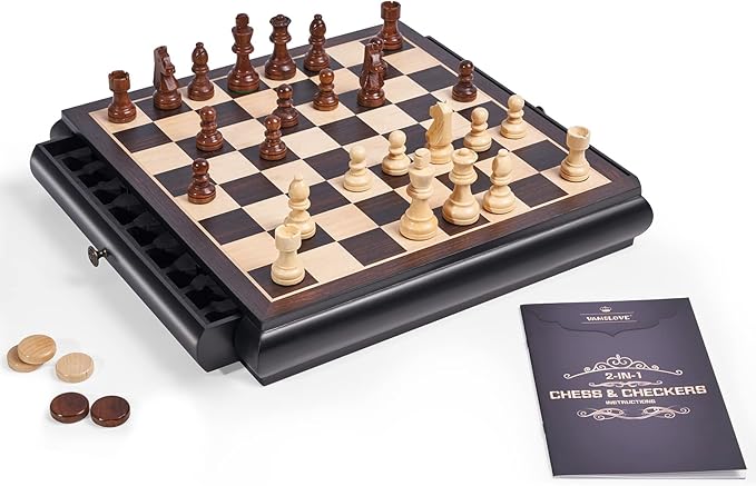 VAMSLOVE Wooden Chess Checkers Game Set 15.5 Large Size Board w/Storage Drawers Weighted Chess Pieces - 2 Extra Queens 3 King Gift for Birthday Housewarming Retirement - Black