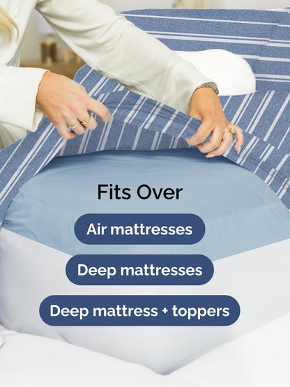 Skiennix Extra Deep King Sheet Set - 6 Piece Cooling Bedding - Soft, Wrinkle-Free Blue Stripes