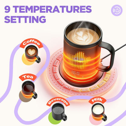 Coffee Mug Warmer with LED Pattern, Heated Coffee Mugs with 4500mAh*2 Ultra-Long Battery&±1°C Accuracy, Self Heating Mug Warmer Ideal for Coffee, Tea, Milk & Water, Coffee Warmer