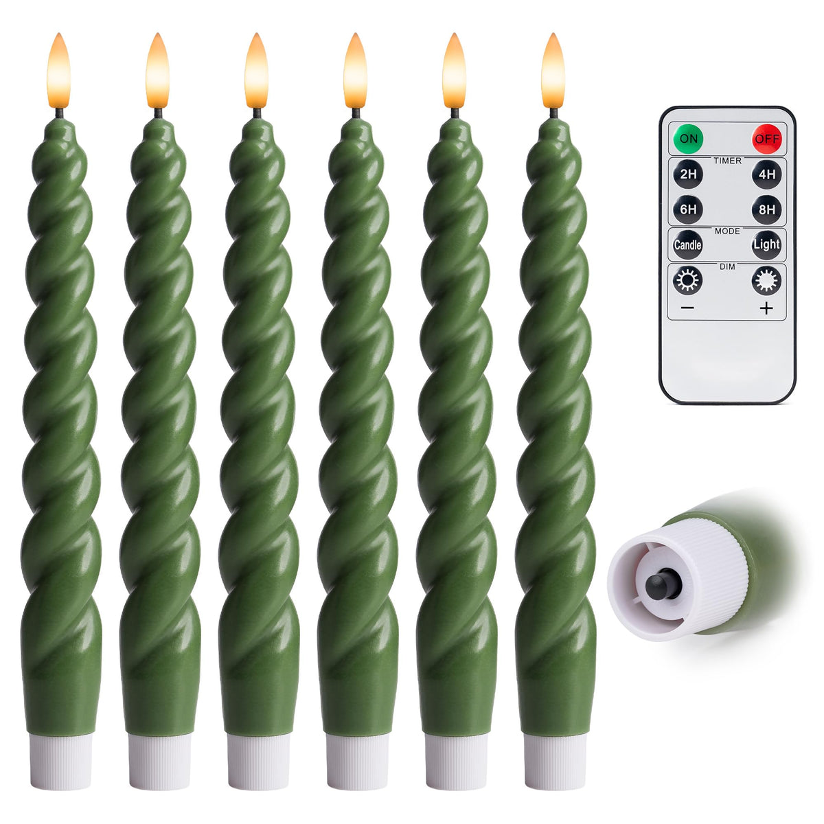 WYZworks 10" Flameless LED Taper Candles – Full Twisted Spiral – Loden Green, Set of 6 – Remote, 2/4/6/8-Hr Timer (24-hr Memory), Bottom On/Off Button, Dimmable, Battery Operated, Flicker/Steady
