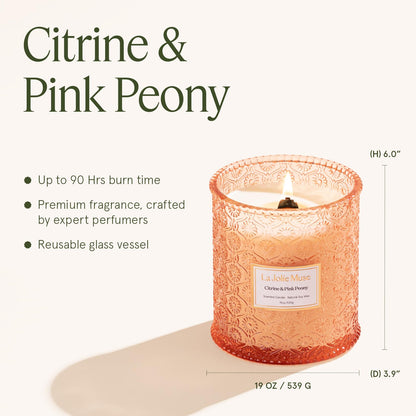 LA JOLIE MUSE Citrine & Pink Peony Scented Candle | Bergamot, Peony & Amber | 19 oz Large Wooden Wick | Natural Soy Wax | 90-Hour Clean Burn | Gift-Ready for Hosts & Gatherings