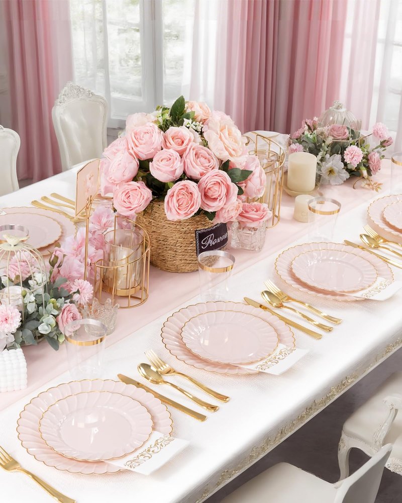 YOUBET 175PCS Pink Scalloped Plastic Plates - Gold Disposable Dinnerware Set Include 50 Plates, 75 Gold Silverware, 25 Cups, 25 Napkins for Party & Wedding & Baby Shower Mothers Day