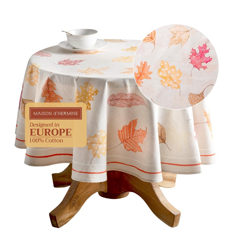 Maison d' Hermine Table Cloth Round Table 100% Cotton 63 Inches Fall Tablecloth Reusable Everyday Use for Thanksgiving Christmas Decorations Dining Farmhouse Party (Colours of Autumn)
