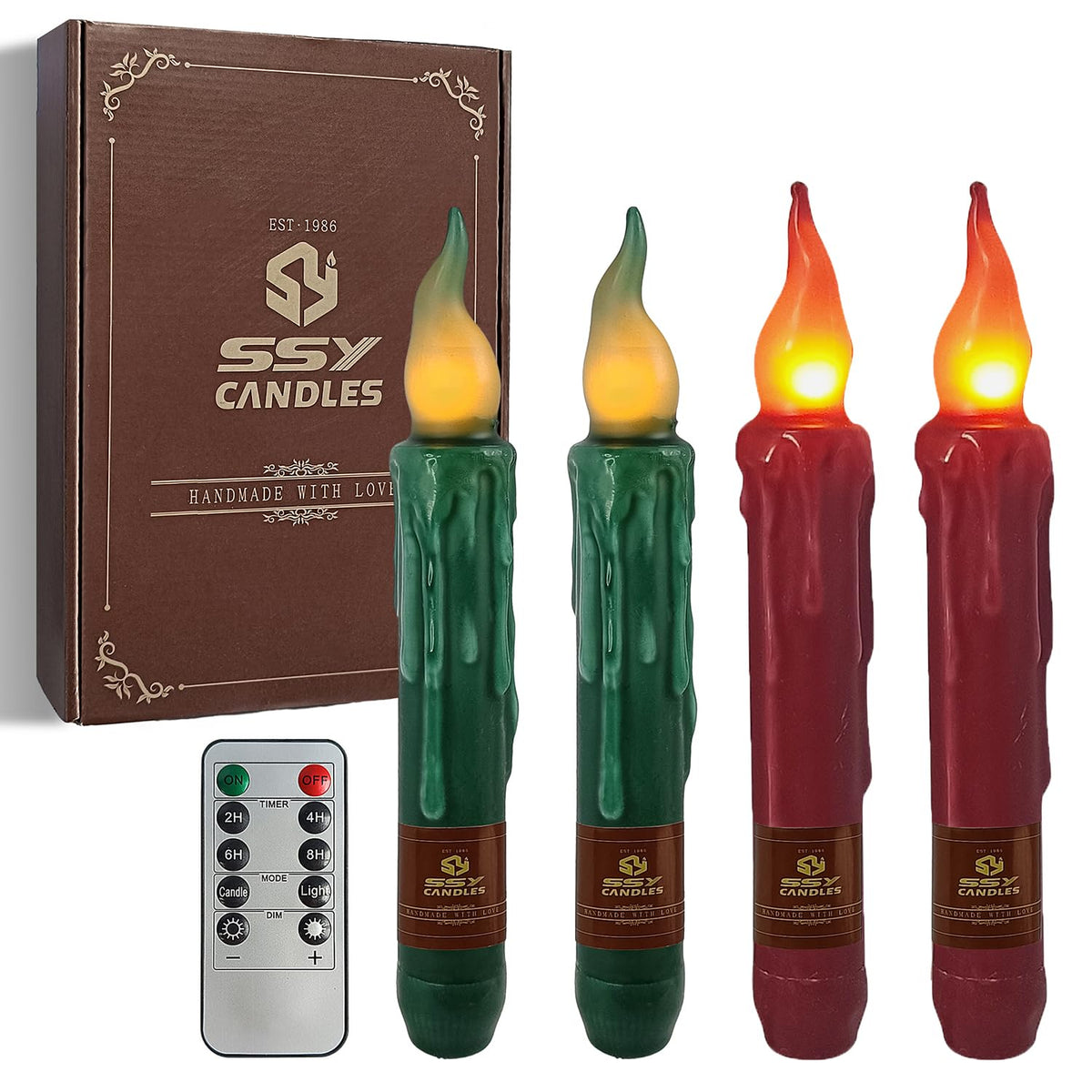 FCMSHAMD Christmas Red Green Flameless Short Taper Candles, Real Wax Hand Dipped LED Battery Operated with Remote, Flickering Flame Lights for Home Décor, 6.7 Inch Primitive Flameless Candles, 4PCS