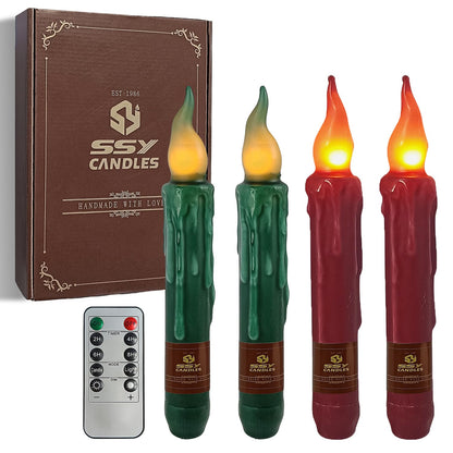 FCMSHAMD Christmas Red Green Flameless Short Taper Candles, Real Wax Hand Dipped LED Battery Operated with Remote, Flickering Flame Lights for Home Décor, 6.7 Inch Primitive Flameless Candles, 4PCS