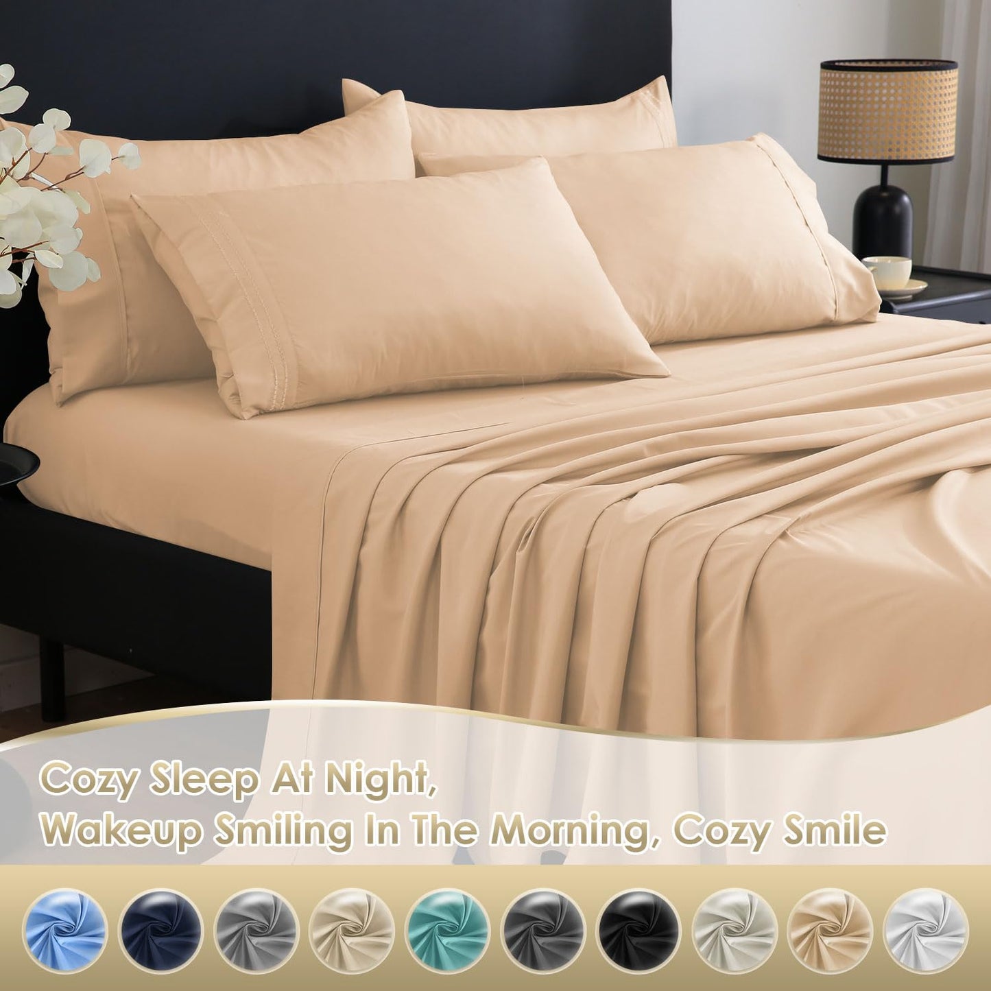 CozySmile Full Sheet Set,Luxury Silky Soft 6 Piece Bed Sheet Set Fits 16 inch Deep Pocket Mattresses, Wrinkle Free & Breathable Cooling Machine Washable Hotel Bedding Sheets Full Size (Champagne)
