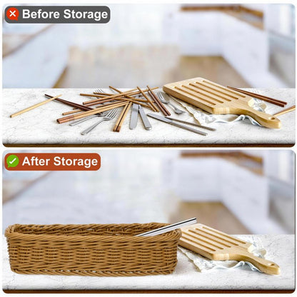 Cabilock 2pcs Wicker Cutlery Basket, Rectangular Woven Storage Bins for Kitchen Drawer, Rattan Utensil Organizer Tray, Flatware Silverware Holder for Dining Table Countertop