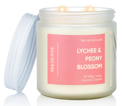 M&SENSE Lychee Peach Blossom Scented Candle, 70-Hour Burn Time & Non-Toxic Natural Soy Wax, 11.6oz 2-Wick Candle for Stress Relief & Spring Home Refresh, Floral Fruity Gift for Mom