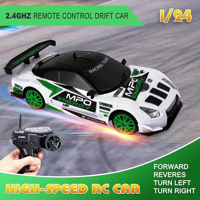 RC Drift Car Remote Control Car 2.4GHz 1:24 Scale 4WD 15KM/H High Speed Model Vehicle LED Lights Drifting Tire Racing Sport Toy for Adult Boys Girls Kids Gift 2Pcs Rechargeable Batterie