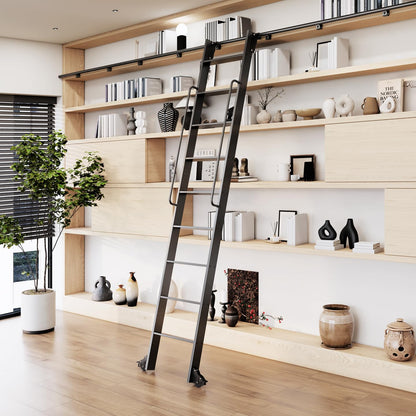 104RDHOUSE 9FT Lightweight Aluminum Rolling Step Ladder 108",Rolling Library Ladder with Wheels,Industrial Sliding Ladder for Home Library,Bookshelf, 4FT Hook Ladder Bookcase Track Kit for Home