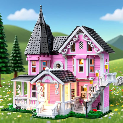 1349PCS Pink Palace House Building Set Halloween Haunted House Blocks Toy with Lights Christmas for Teens Girls 12+ Halloween House Kit for Kids Adults