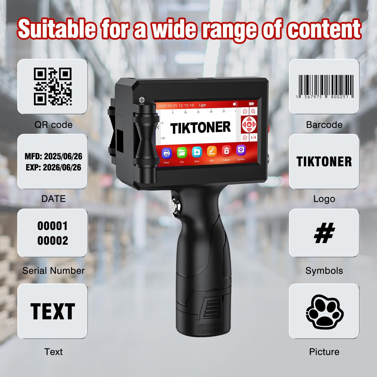 TIKTONER Handheld Inkjet Printer Printing Height 0.08-0.5Inch Handheld Printer Gun for Batch Code Date Time Lot Number Print on Many Materials, Inkjet Coder with 42ml Black Fast Dry Ink Cartridge