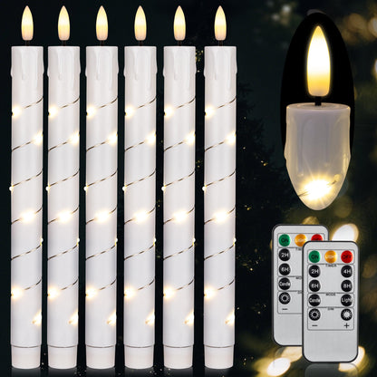 Flameless Taper Candles with Remote for Wedding Decorations，3D Flickering Flame Battery Operated LED Plastic Candles Arounded with Starlight String, Romantic Home Decoration, Pack of 6, White