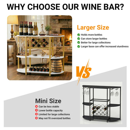 Unikito 4-Tier Metal Coffee Bar Cabinet with Outlet and LED Light, Freestanding Floor Bar Table for Liquor with Glass Holder and Wine Storage, Wine Bakers Rack for Kitchen Dining Room, White and Gold