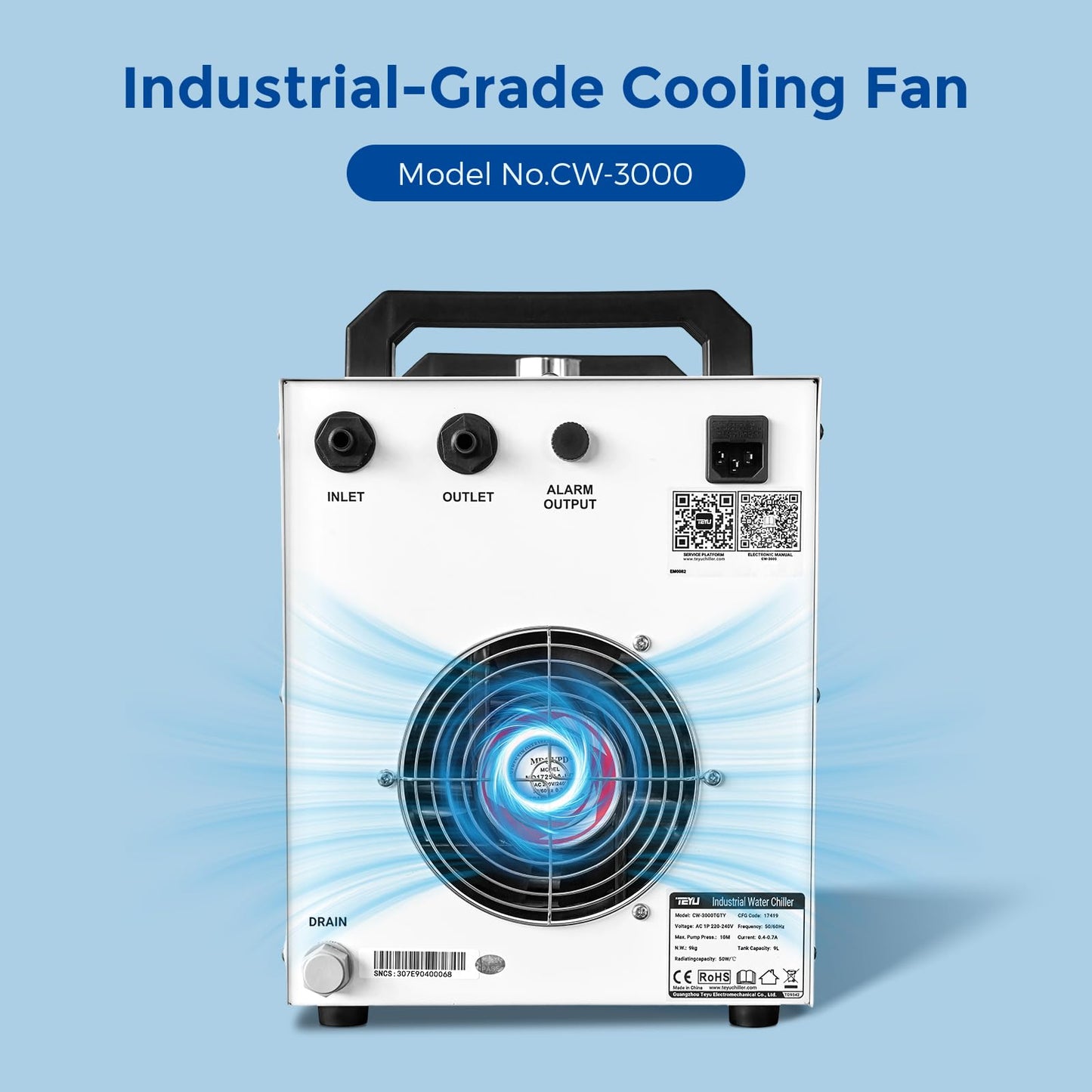 Cloudray Water Chiller CW-3000 for CO2 Laser Engraver & Cutting, Laser Chiller, Industrial Water Cooler,with 9L Water Tank Capacity Max. Pump Flow 10L/min 50W/℃ Cooling