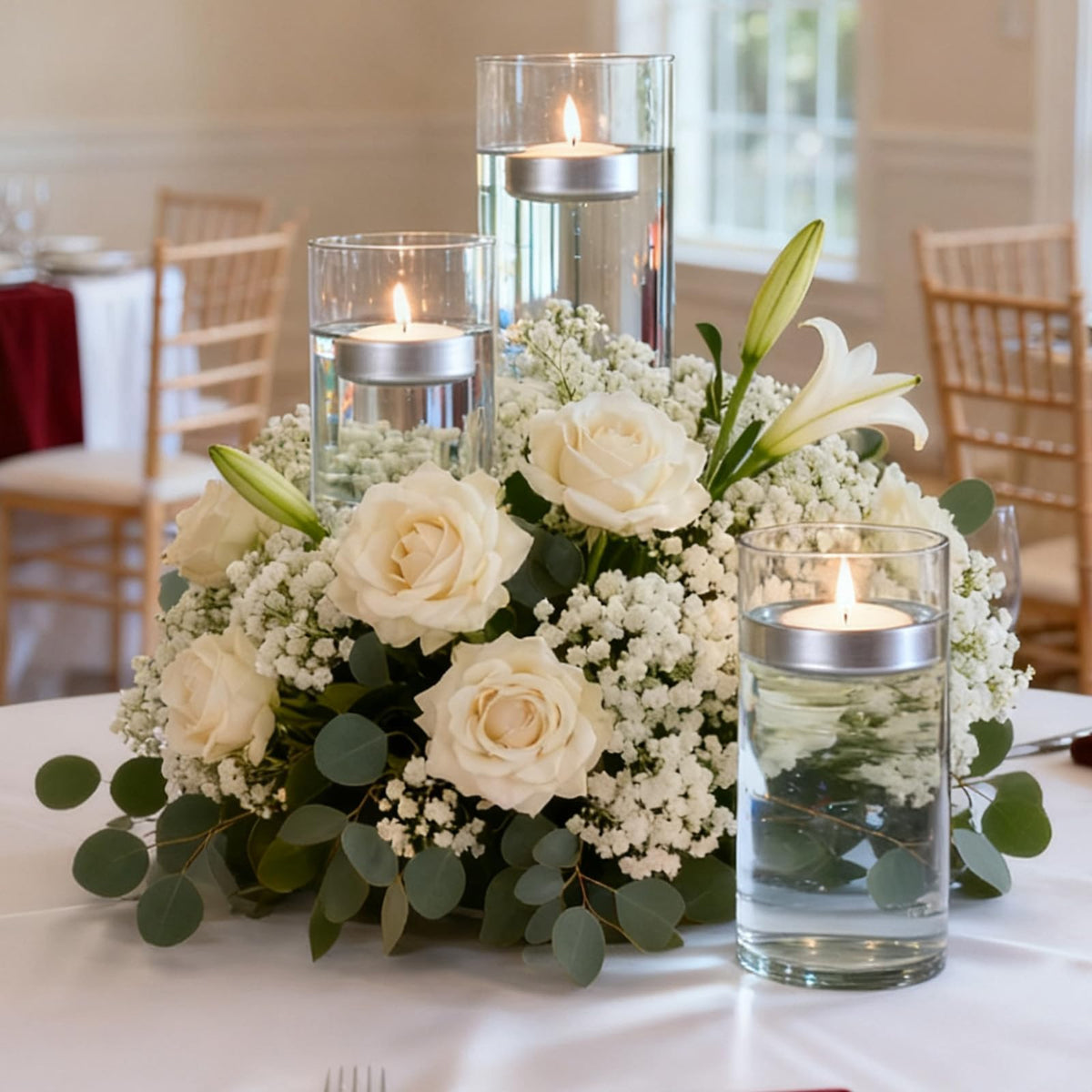 3 inch Silver Floating Candles 8-9 Hours Floating Candle for Centerpieces 36 Packs Unscented Floating Candles 3” Water Candles for Cylinder Vases, Pool, Wedding