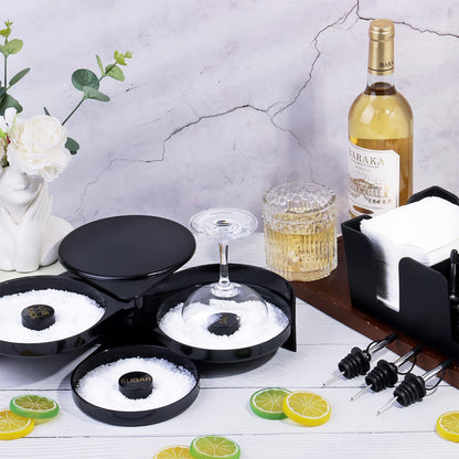 3 Tier Bar Glass Rimmer Bartender Tool Accessories with 12 Pcs Stainless Steel Liquor Pour Spout Garnish Caddy with 6 Compartment and 200 Pcs Napkin,500 Black Cocktail Straws