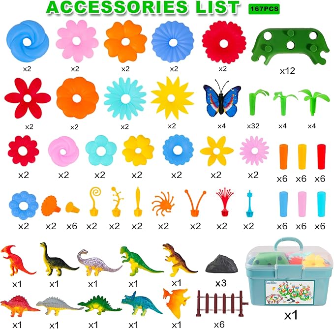 Toys Gifts for Toddlers Boys Girls Age 2 3 4 5 6 167 PCS Dinosaur Flower Garden Building Blocks STEM Fine Motor Skill Stacking Games Easter First 1st Birthday Gifts for Preschool Kids 2+ Years Old
