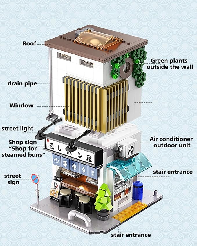 Japanese Street View Steamed Bun Shop Building Block Set Tokyo Architecture with USB Lighting Collectible Construction Toy for Adults and Teens(1108 Pieces)