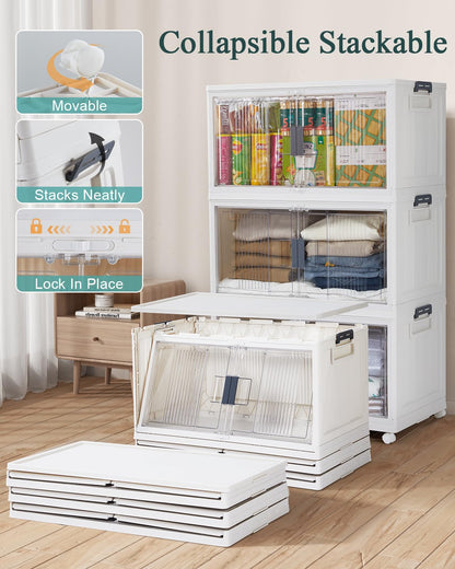 OlarHike 97QT Stackable & Lockable Storage Bins with Lids - Folding Storage Box with Doors and Wheels, Collapsible Plastic Drawers for Closets and Organization, Garage, Shelves, Gifts, 3 Pack Cubes