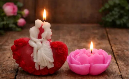 Decorative Candles Set, Romantic Couple and Rose Flower Shaped, Red and Pink, Wedding Anniversary Valentine's Day Theme