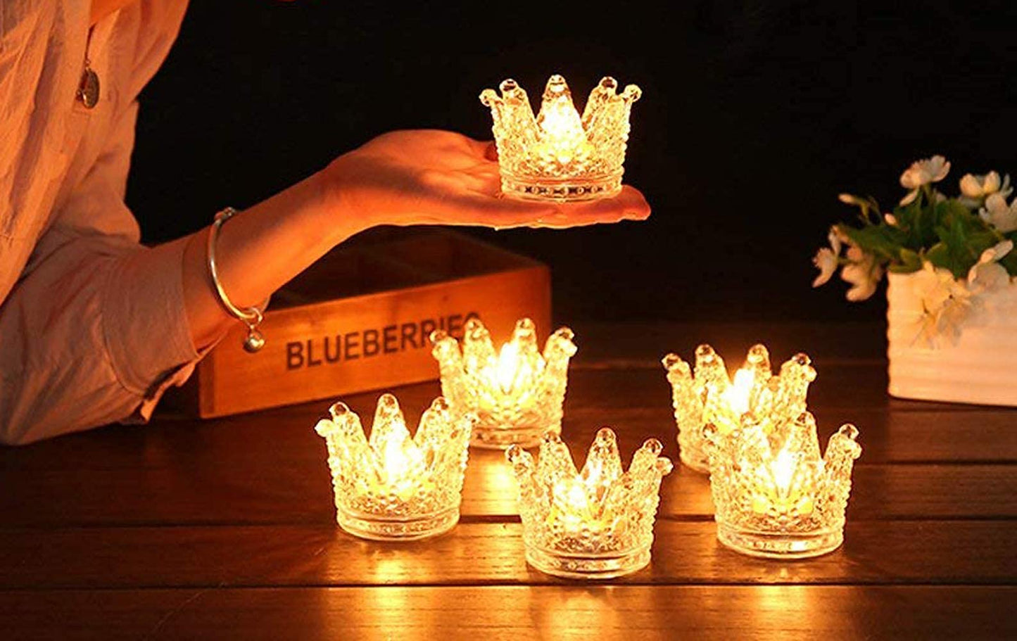 Vixdonos Crown Glass Tealight Candle Holder Set of 12 Votive Candle Holders for Wedding, Party and Home Decor (Gold Tips)