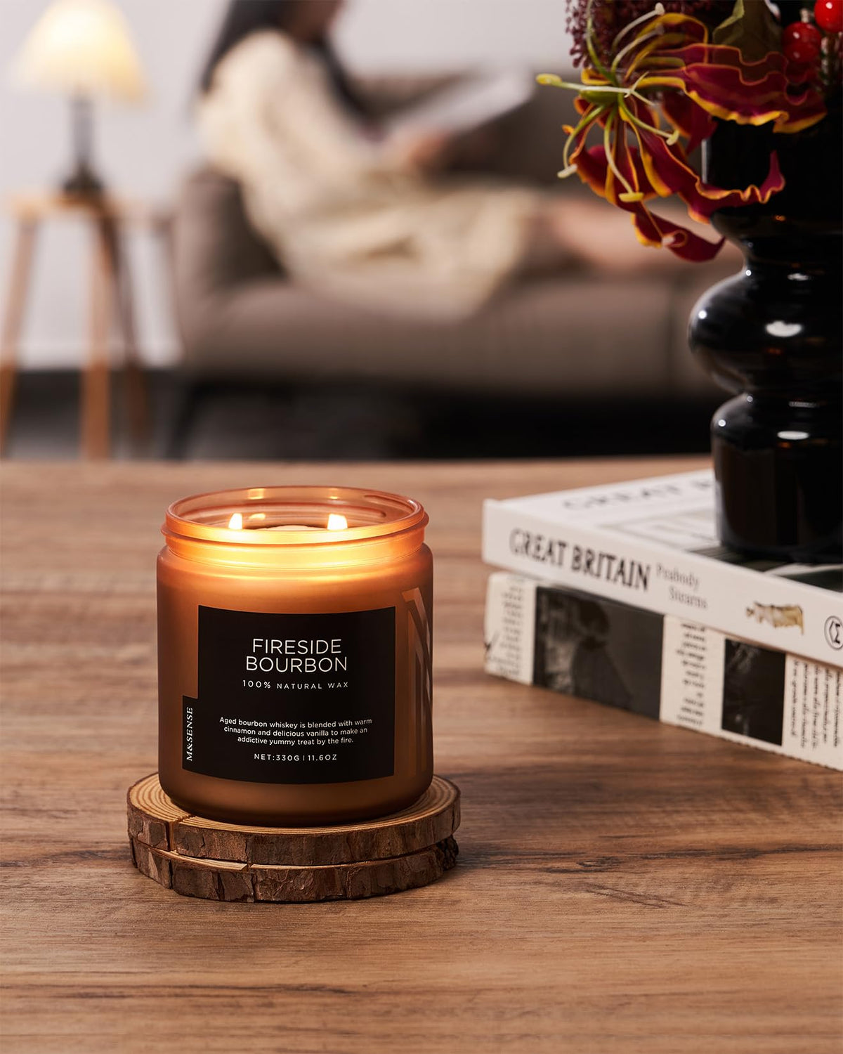 M&SENSE Fireside Bourbon Candles Home Scented, Non Toxic Soy Wax 11.6oz 70 Hours Long Clean Burning, 2 Wick Campfire Candle Cozy Winter Home Decor, Housewarming Gifts for Women Men
