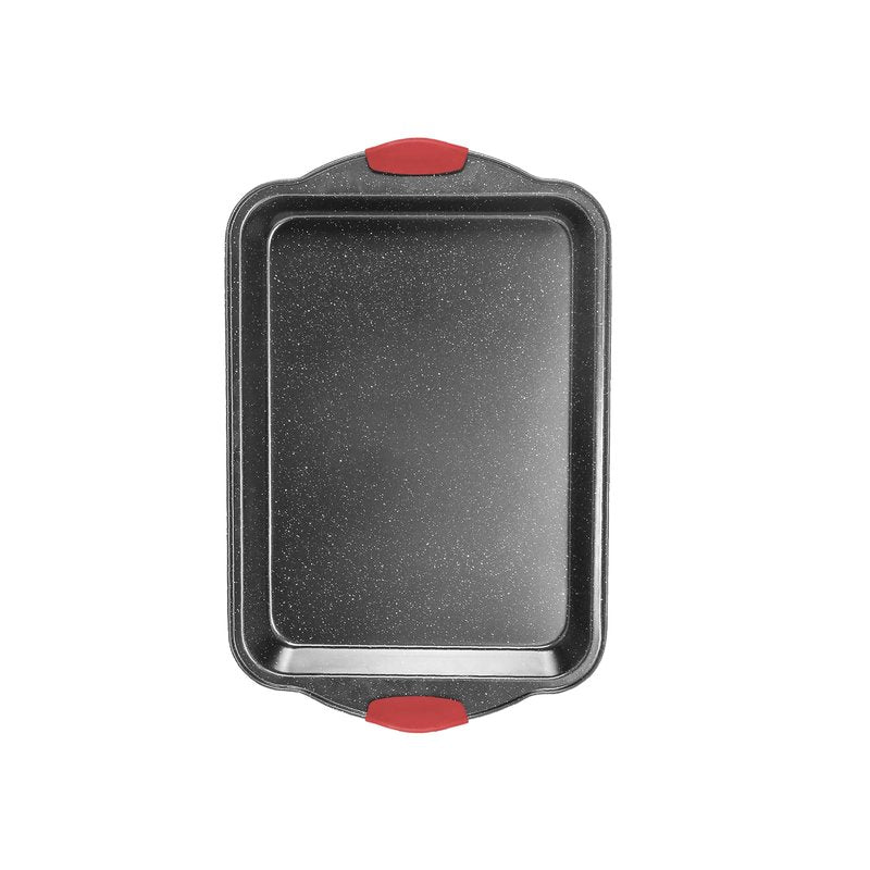 Anveena 3-Piece Nonstick Kitchen Oven Baking Pans - Premium & Stylish Non-Stick Steel, Commercial Grade Restaurant Quality Metal Bakeware with Red Silicone Handles - Easy to Clean black