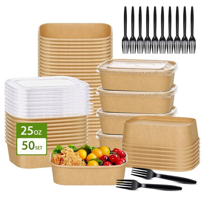 DI QIU REN 50-Pack 25oz Paper Bowls, Disposable Food Containers with Lids and Forks, Cardboard Meal Prep Containers for Diet Salad, Pasta (kraft Paper Rectangular, 25oz 50 Count)